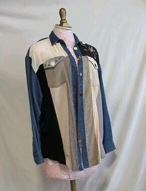 Whittall & Shon Jean Patchwork shirt Embellished Beaded color block sz L
